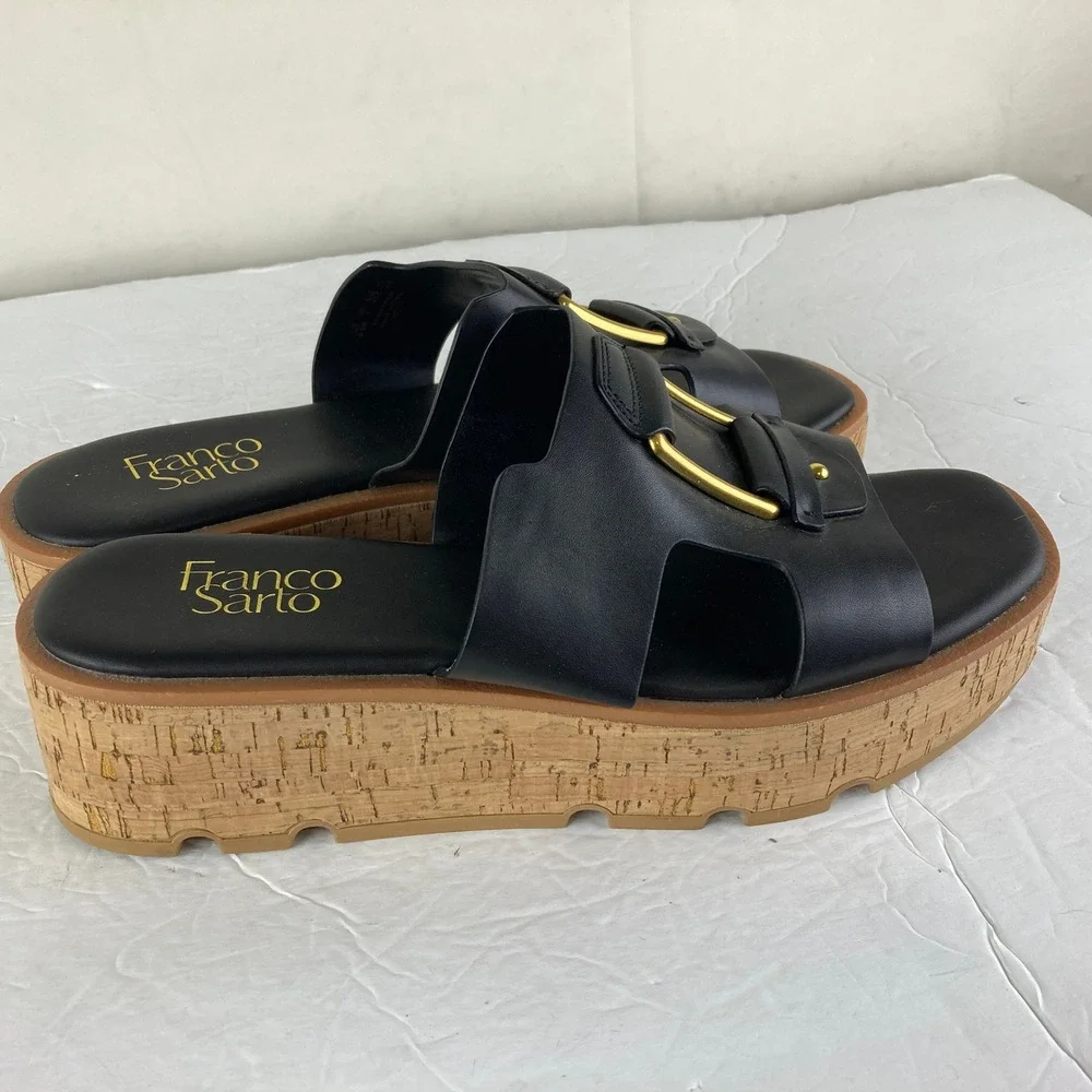Franco Sarto Hesta Platform Sandals Womens 9.5M Black Cork Wedge Slide